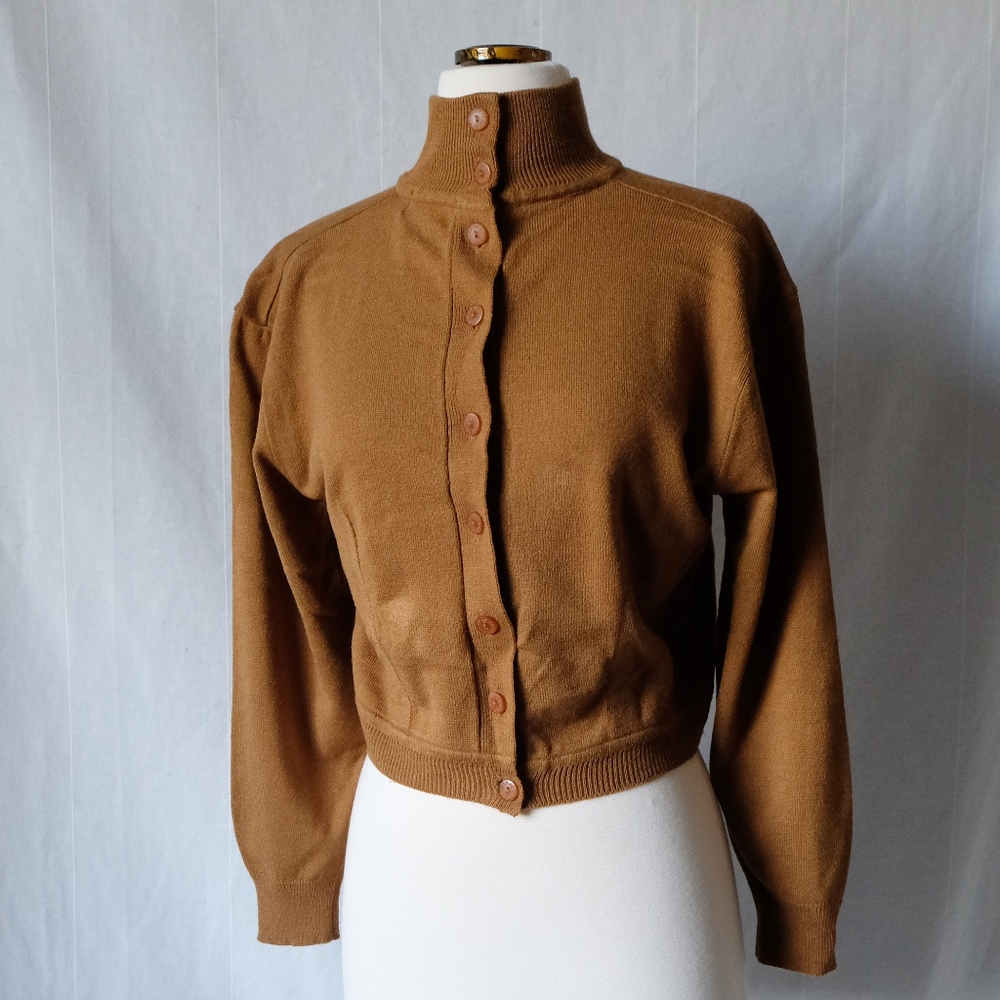 Vintage Express Caramel Brown Mock Neck Cardigan